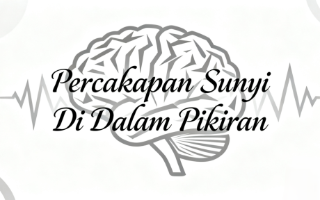 Gambar ini menampilkan ilustrasi abstrak dari sebuah otak di atas latar belakang putih. Otak digambarkan dengan garis-garis abu-abu yang tajam dan bersudut, memberikan kesan yang modern dan geometris. Di tengah gambar, terdapat dua baris teks dalam bahasa Indonesia yang ditulis dengan gaya tulisan tangan yang elegan. Baris pertama bertuliskan "Percakapan Sunyi" dan baris kedua bertuliskan "Di Dalam Pikiran". Teks ini berwarna hitam pekat sehingga kontras dengan latar belakang dan ilustrasi otak. Di kedua sisi teks, terdapat garis bergelombang yang menyerupai detak jantung atau gelombang suara, menambah kesan dinamis pada gambar. Secara keseluruhan, gambar ini tampaknya mengkomunikasikan konsep dialog internal, refleksi, atau pemikiran yang terjadi di dalam pikiran seseorang.